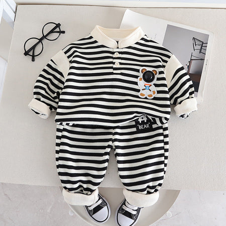 Striped astronaut bear boys' outfit by Ju Ju Jam, combining a fun bear print with coordinating striped shorts for a trendy and cozy look.