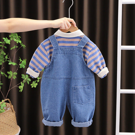 Baby boy in a stylish Striped T-shirt and an Astronaut-themed jumpsuit, designed for a cosmic adventure from Ju Ju Jam.