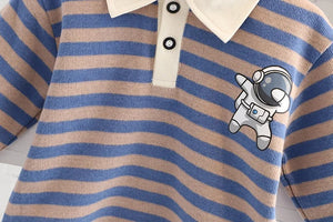 Cute infant wearing a Striped T-shirt and Astronaut jumpsuit, featuring a vibrant space print from Ju Ju Jam.