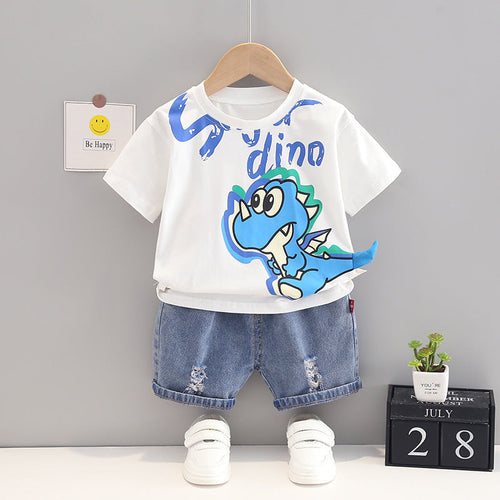 Ju Ju Jam Tail Hanging boys' Dino set, featuring a playful dinosaur design with a fun tail detail on the shirt and matching pants.