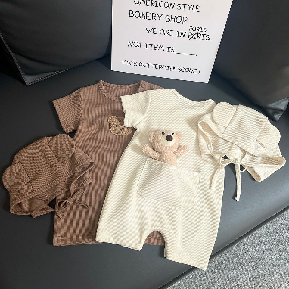 Teddy Pocket Boys and Girls Romper with Hat by Ju Ju Jam - Cute romper featuring a teddy bear pocket and matching hat.