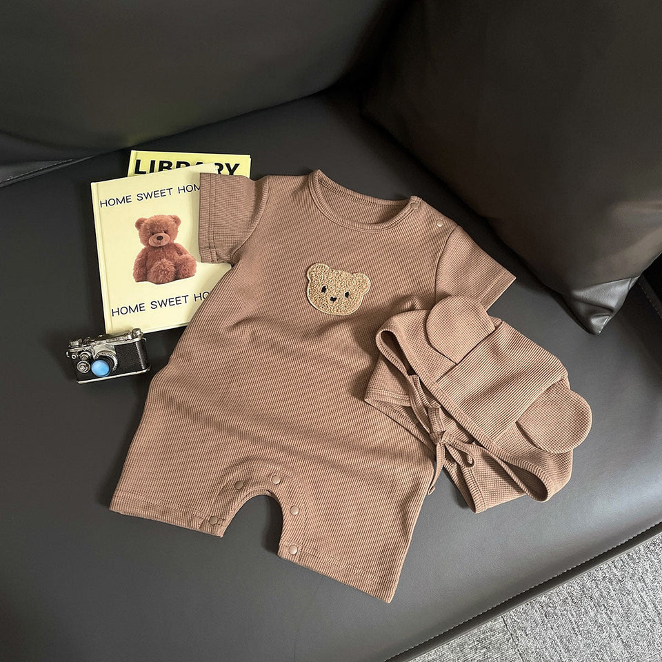 Ju Ju Jam Teddy Pocket Romper with Hat for Boys and Girls - Adorable romper with a teddy bear pocket and coordinating hat.