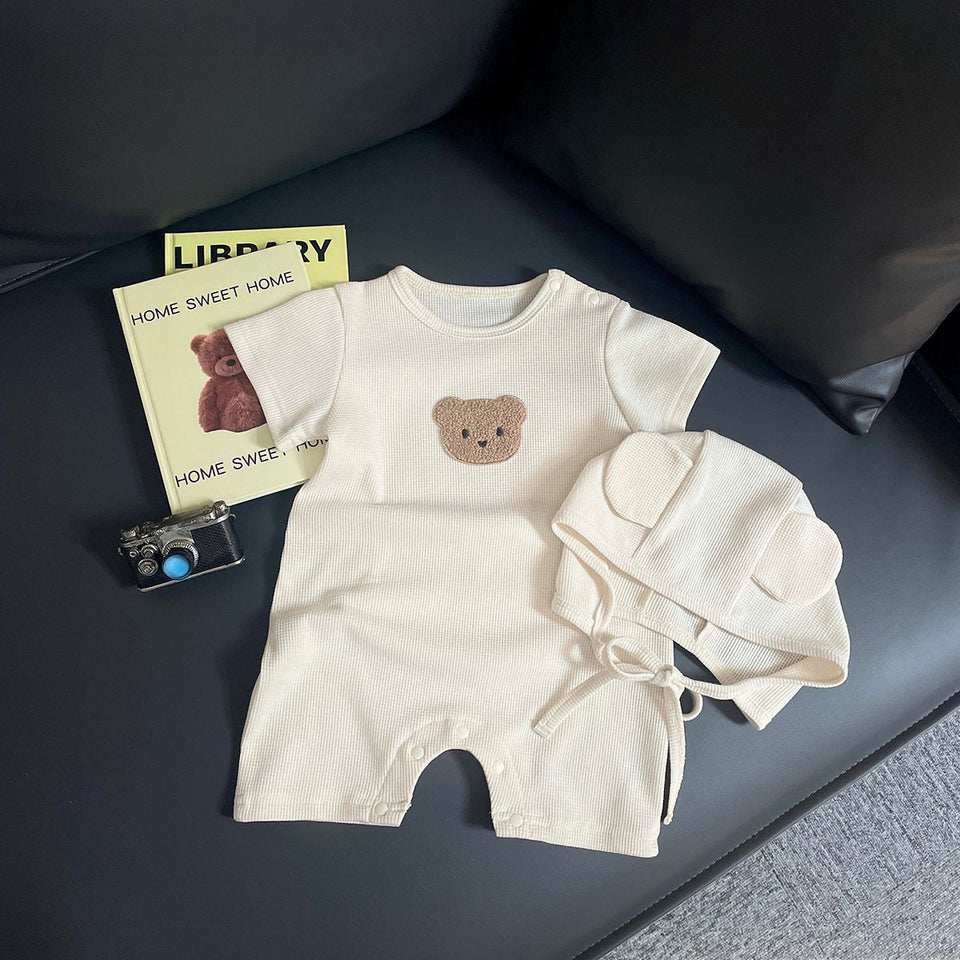 Boys and Girls Teddy Pocket Romper and Hat Set by Ju Ju Jam - Cozy romper with a teddy bear design and hat.