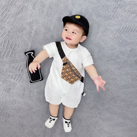 Travel Bag Printed Romper for Babies by Ju Ju Jam - Trendy romper for boys and girls with a unique travel bag pattern, ideal for everyday wear.