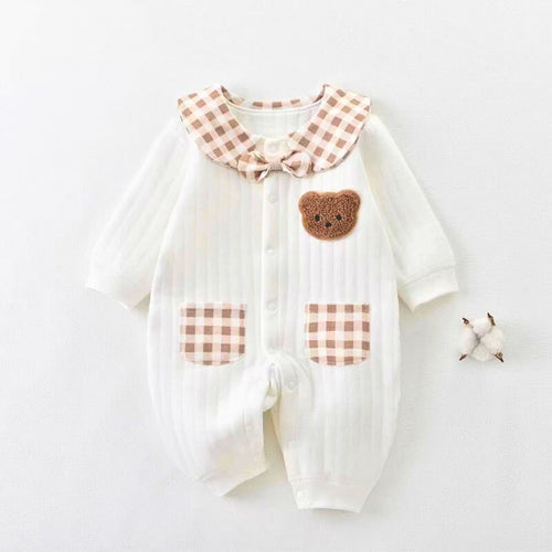 Smart Plaid Collared Baby Boys Girls Bear Romper by Ju Ju Jam – Adorable unisex romper featuring a plaid collar and cute bear design.
