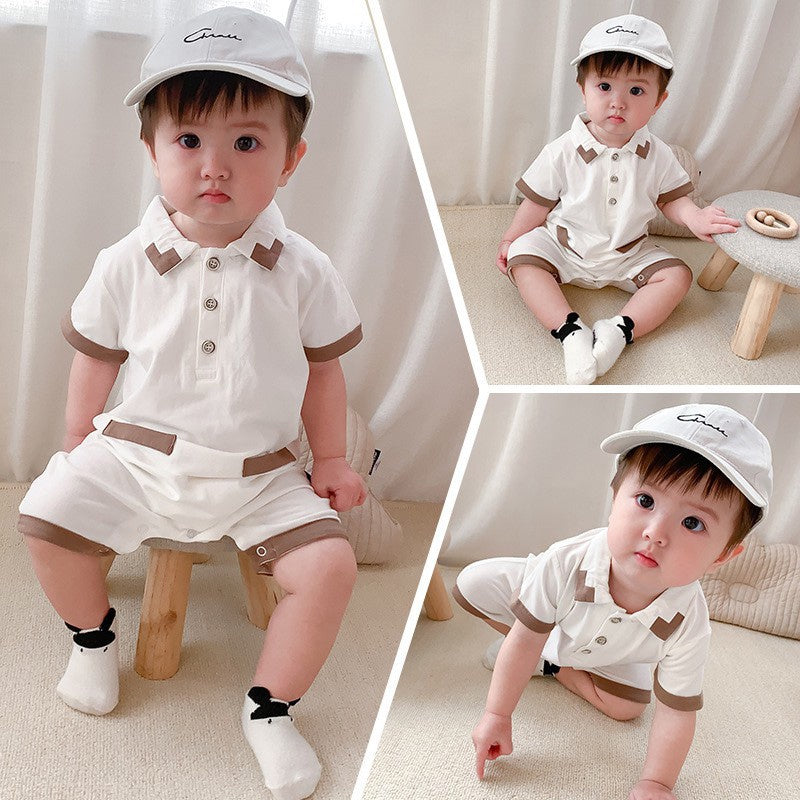 Elegant White Collared romper for baby boys, combining style and comfort from Ju Ju Jam