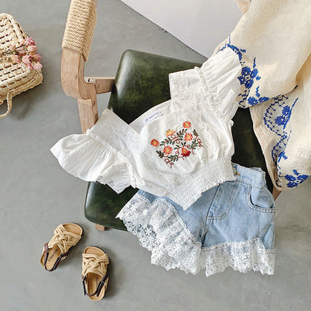 Ju Ju Jam White Embroidered Girls Set – Delicate and stylish outfit with a beautifully embroidered white top and matching shorts, perfect for a refined summer look.