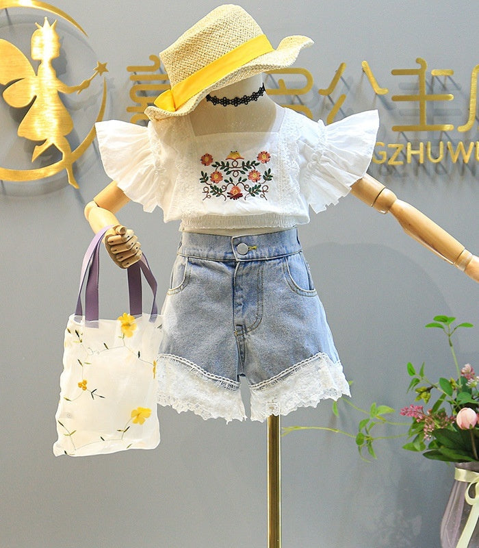 Ju Ju Jam White Embroidered Top and Shorts Girls Set – Elegant two-piece outfit featuring a white embroidered top and matching shorts for girls.