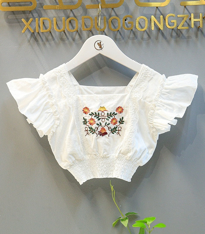 Ju Ju Jam White Embroidered Top and Shorts Set – Chic girls' outfit with intricate embroidery on a white top, paired with matching shorts.