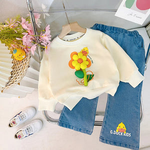 Yellow 3D flower girls sweatshirt and denim set by Ju Ju Jam