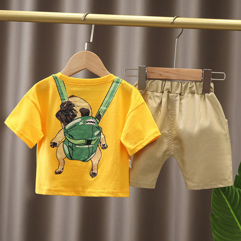 Ju Ju Jam boys' set featuring a yellow dog backpack, including a matching shirt and pants with a playful dog design.