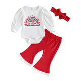 Charming Merry Christmas romper set for baby girls with a festive hairband, designed for holiday joy by Ju Ju Jam.