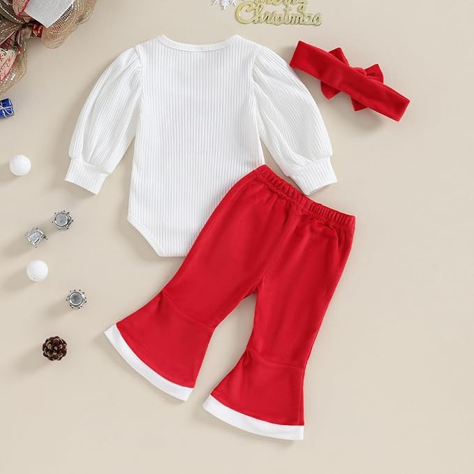 Adorable Christmas-themed baby girl romper with a matching hairband, festive outfit set by Ju Ju Jam.