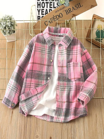 Cute Pink Plaid Jacket Boys Shirt and T-shirt Set, featuring a cozy plaid jacket and a matching T-shirt, perfect for stylish boys, available at Ju Ju Jam.