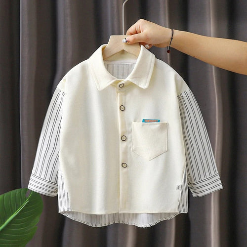 Handsome Boys Striped Sleeves Shirt, stylish and comfortable, featuring bold striped sleeves, perfect for casual wear, available at Ju Ju Jam.