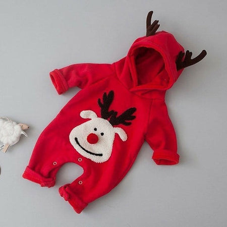 Adorable and festive 3D Reindeer romper for babies, perfect for Christmas, designed by Ju Ju Jam.