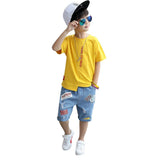 Boys Short-Sleeved Suit With Denim Shorts - 2 Colours