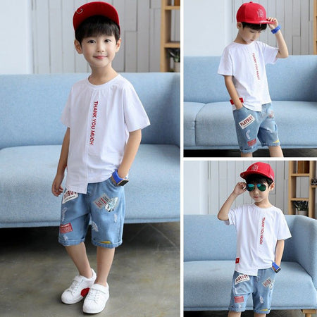 Boys Short-Sleeved Suit With Denim Shorts - 2 Colours