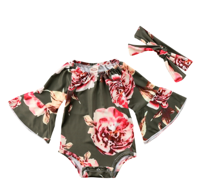 Flare Sleeve Floral Romper with Band Set