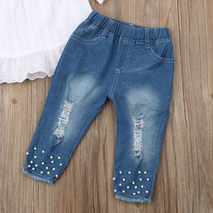 Lace Fly Sleeves with Denim Pants