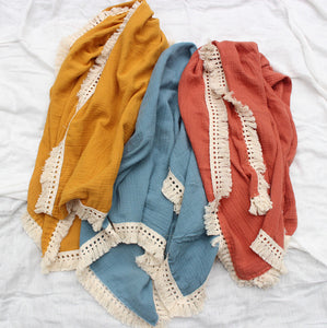 Minimalist Muslin Double Gauze Blanket and Towel - Tassel Style