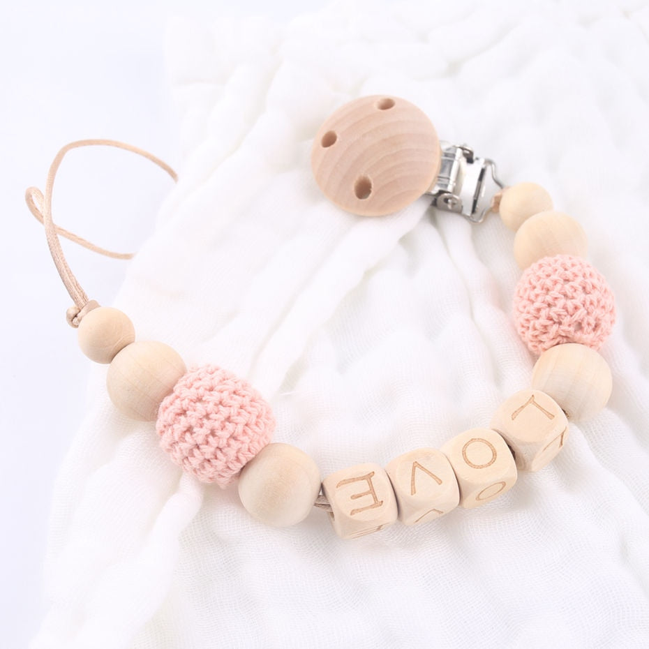 Personalized Baby Name Wood Chain - Pacifier or Teether Holding Strap